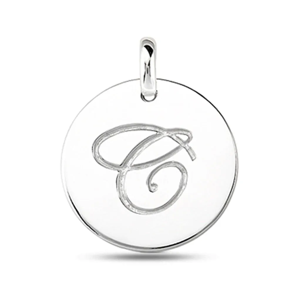 "C" 14K White Gold Script Engraved Initial  Disk Pendant
