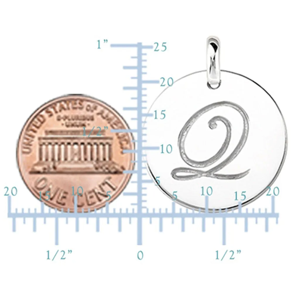 "Q" 14K White Gold Script Engraved Initial  Disk Pendant