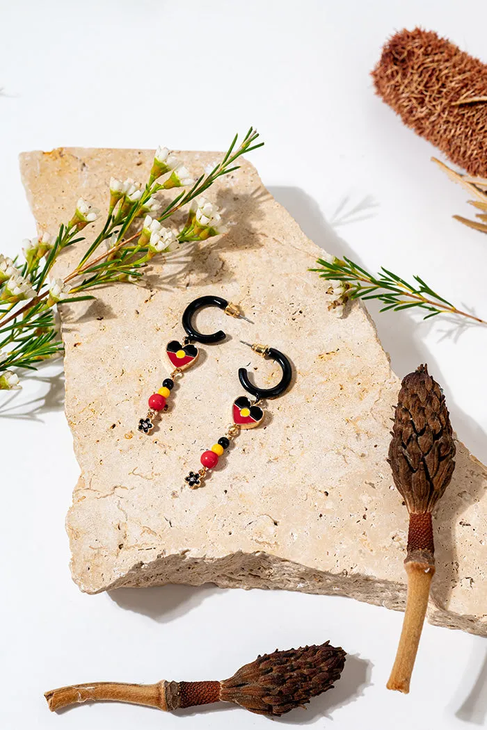 "Raise The Flag" Aboriginal Flag Heart Beaded Hoop Earrings