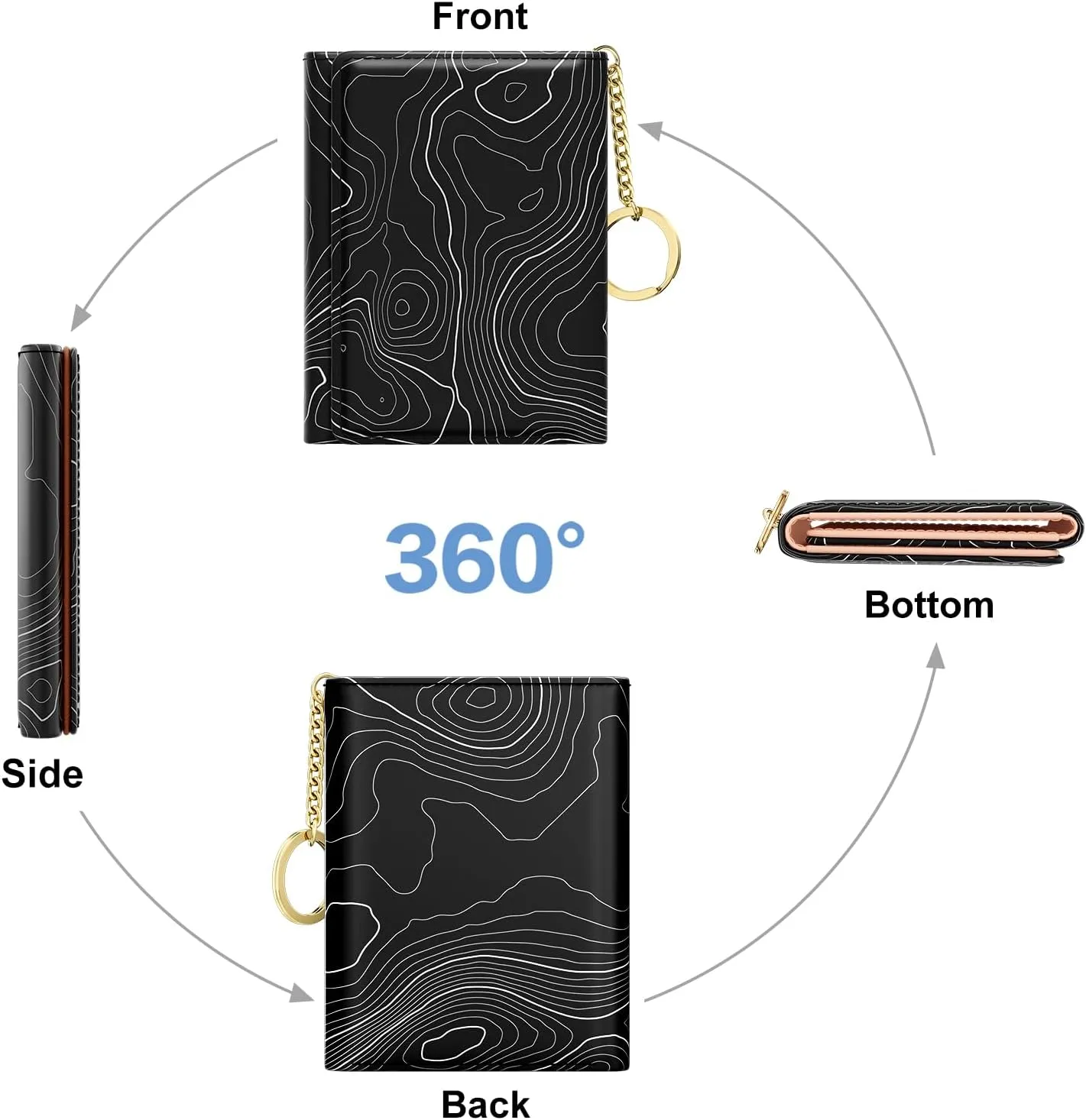 Rouidr Womens Wallet, Small Slim RFID Card Wallets for Women, Trifold Leather Clutch Card Organizer, Cute Front Pocket Purse with 7 Slots & ID Window & Keychain, Black Lake