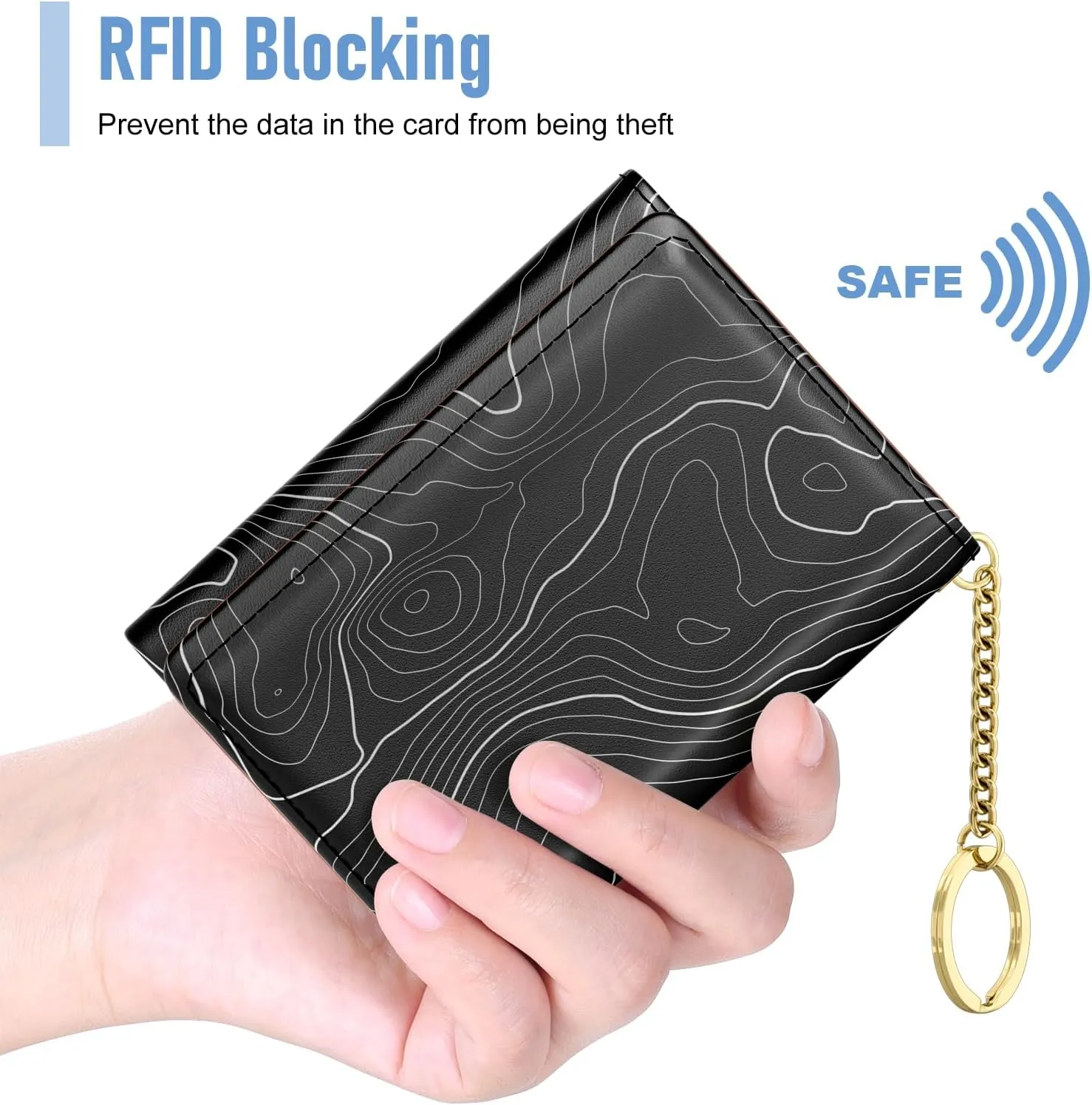 Rouidr Womens Wallet, Small Slim RFID Card Wallets for Women, Trifold Leather Clutch Card Organizer, Cute Front Pocket Purse with 7 Slots & ID Window & Keychain, Black Lake