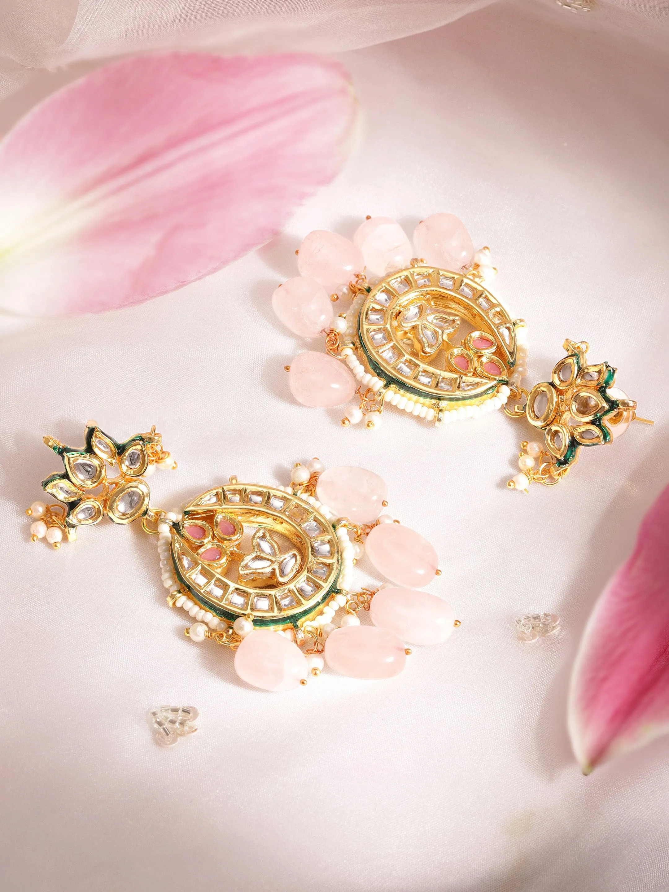 Rubans 22K Gold plated Kundan crystal with pastel pink beaded and pearls Regal chandbali Earrings