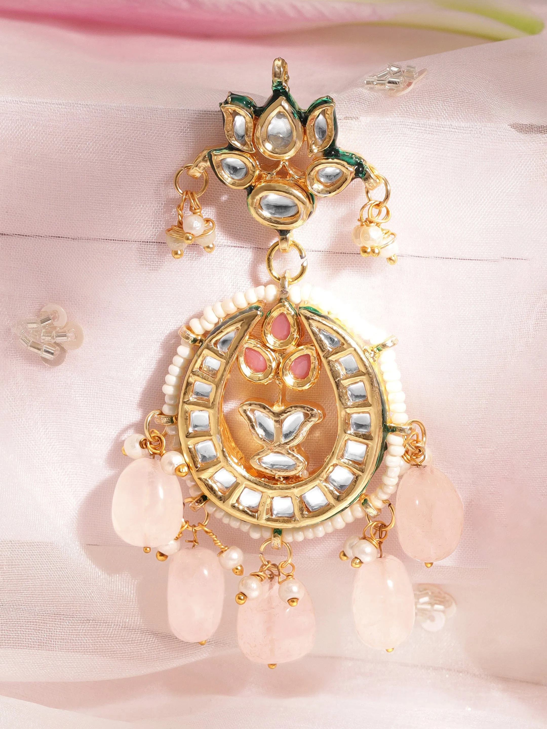 Rubans 22K Gold plated Kundan crystal with pastel pink beaded and pearls Regal chandbali Earrings