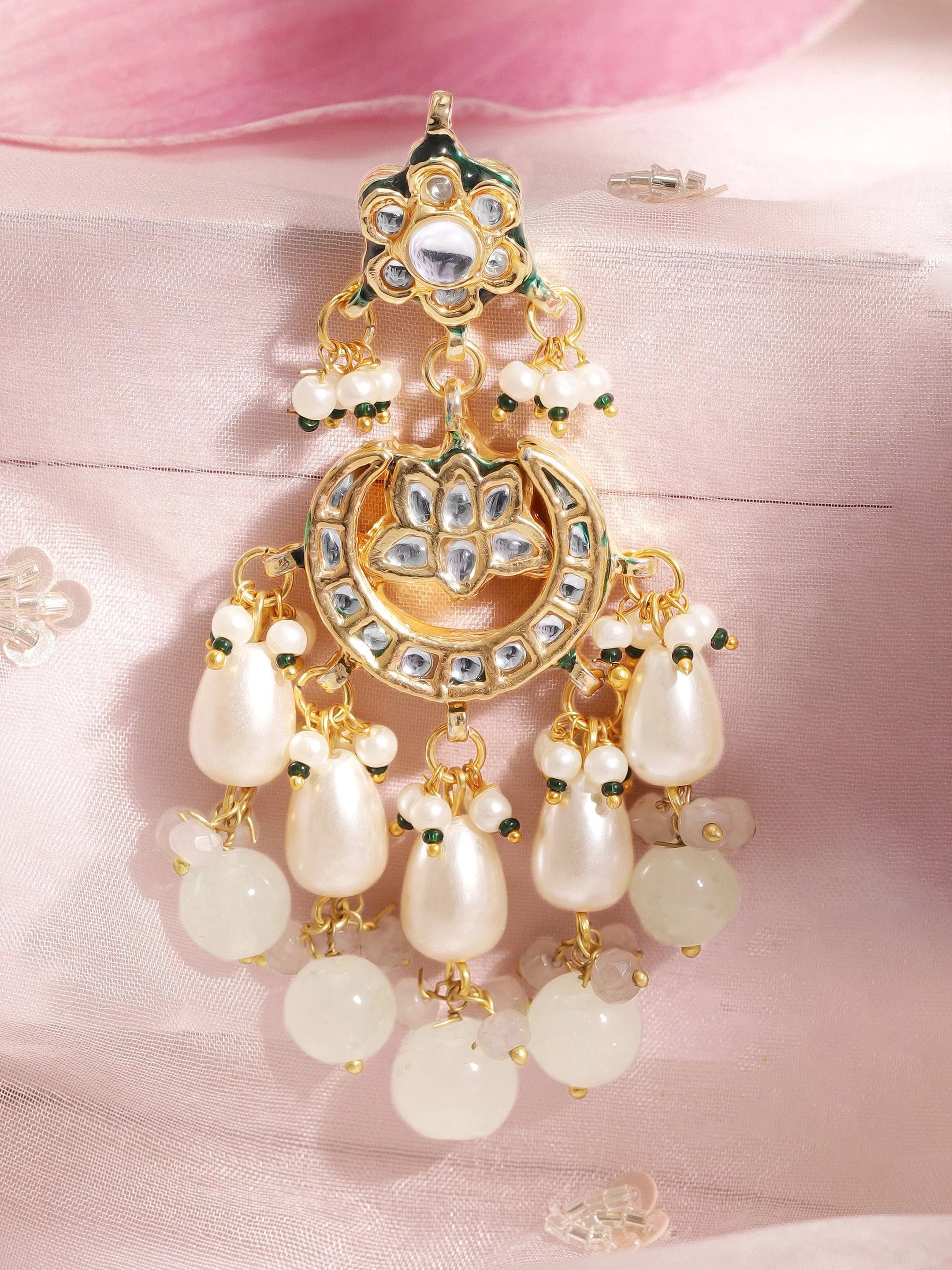 Rubans 22K Gold plated kundan crystal with pearls and pastel beaded Regal chandbali earrings