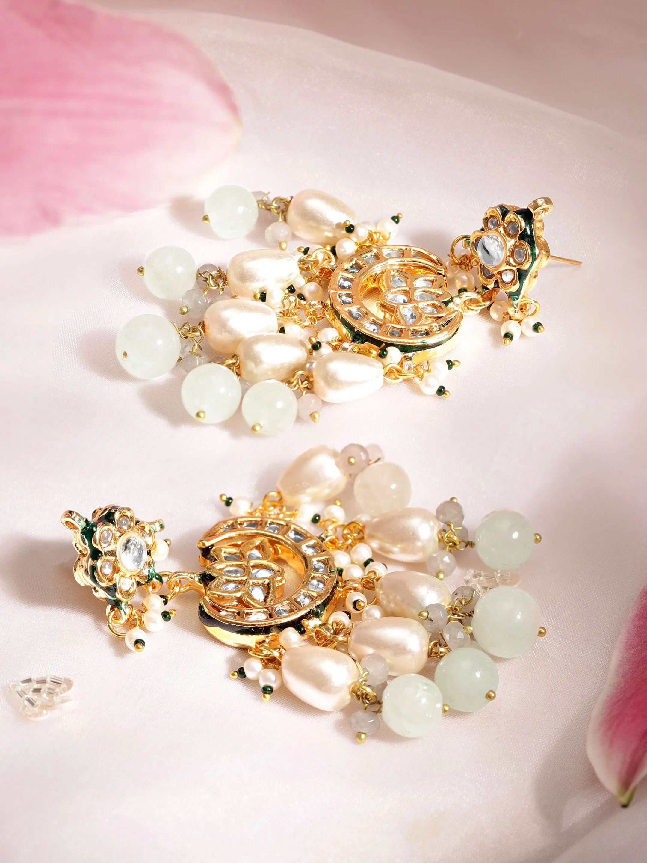 Rubans 22K Gold plated kundan crystal with pearls and pastel beaded Regal chandbali earrings