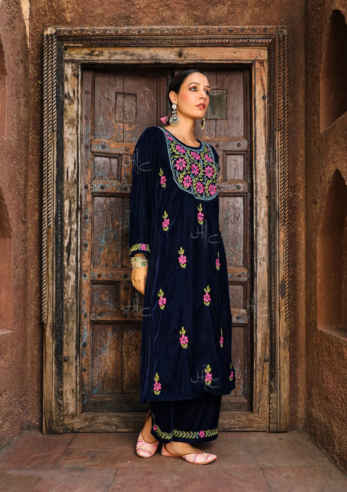 Rumi Chikankari Velvet Straight Kurta Set