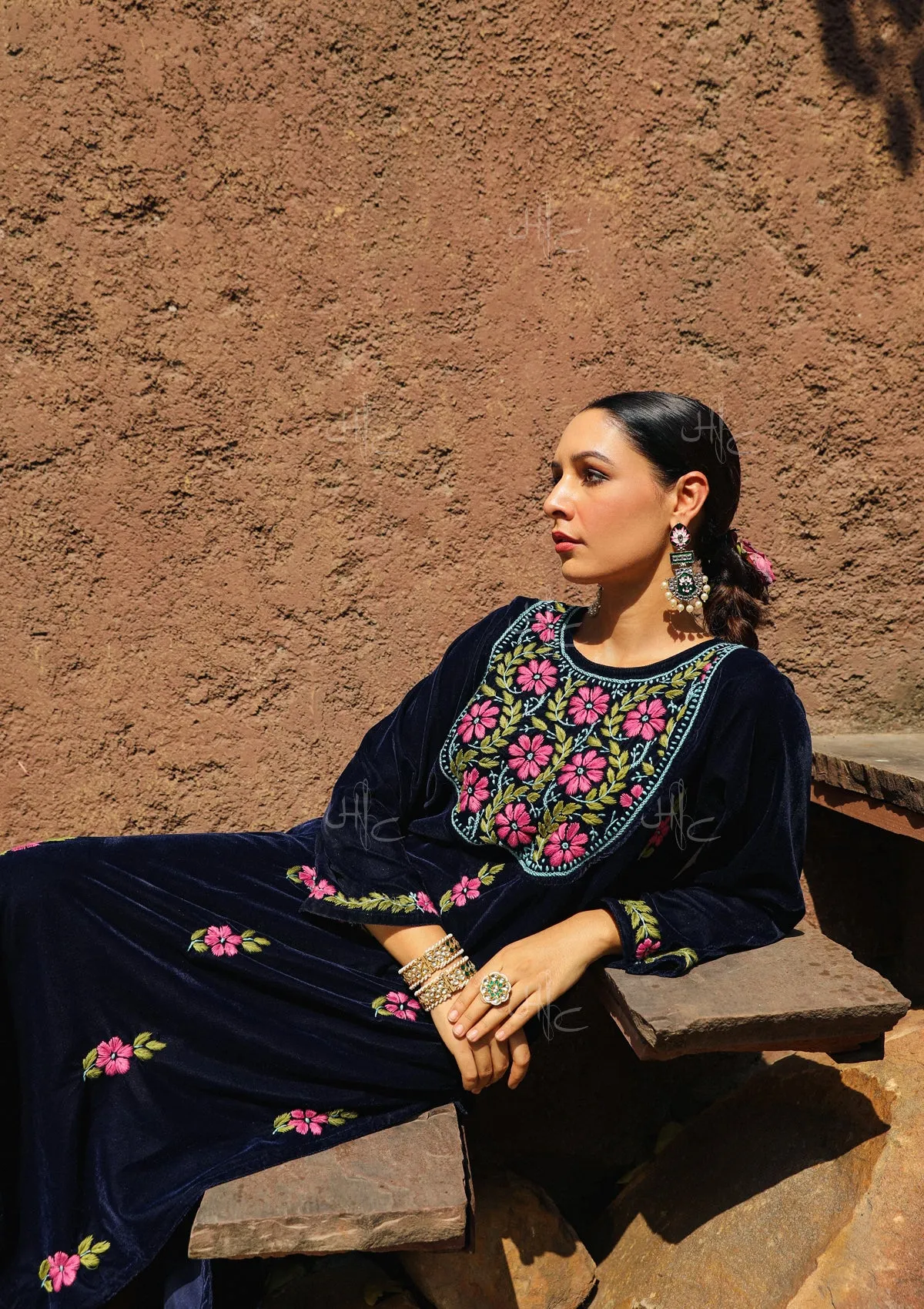 Rumi Chikankari Velvet Straight Kurta Set