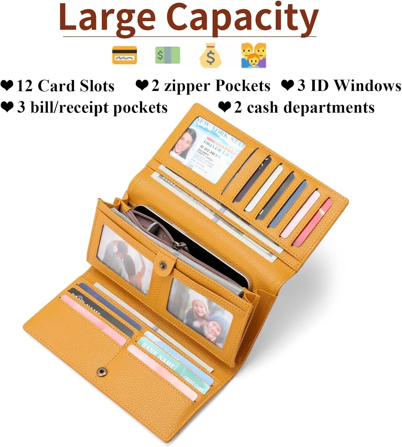 SENDEFN Large Womens Wallet Genuine Leather RFID Blocking Wallet for women Large Capacity Trifold Clutch Card Holder Ladies Purse with Zipper Pocket