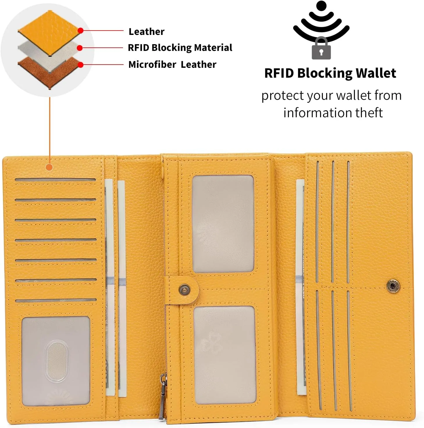 SENDEFN Large Womens Wallet Genuine Leather RFID Blocking Wallet for women Large Capacity Trifold Clutch Card Holder Ladies Purse with Zipper Pocket