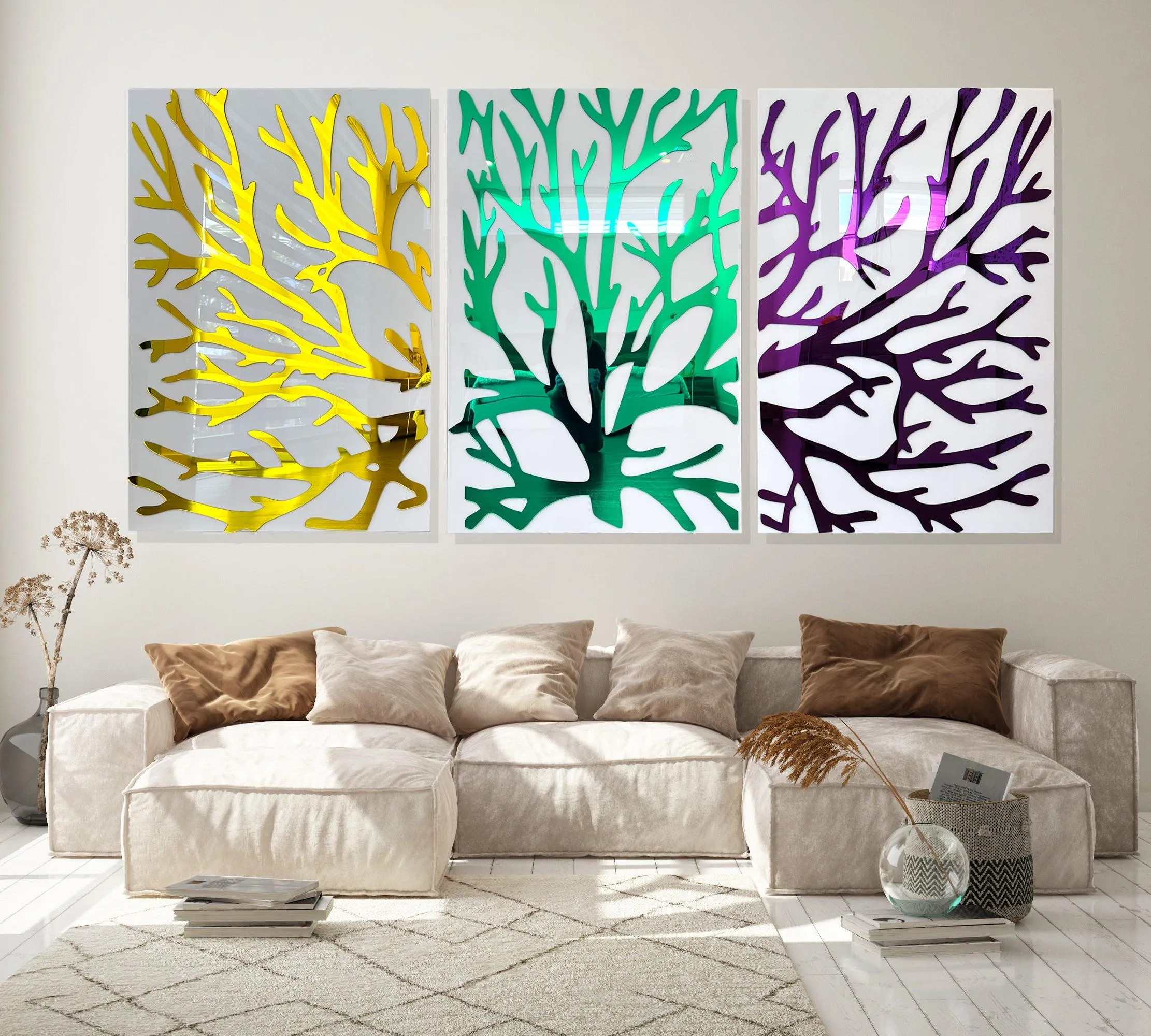 Set of 3 Extra Large Mirrored Tree Wall Art