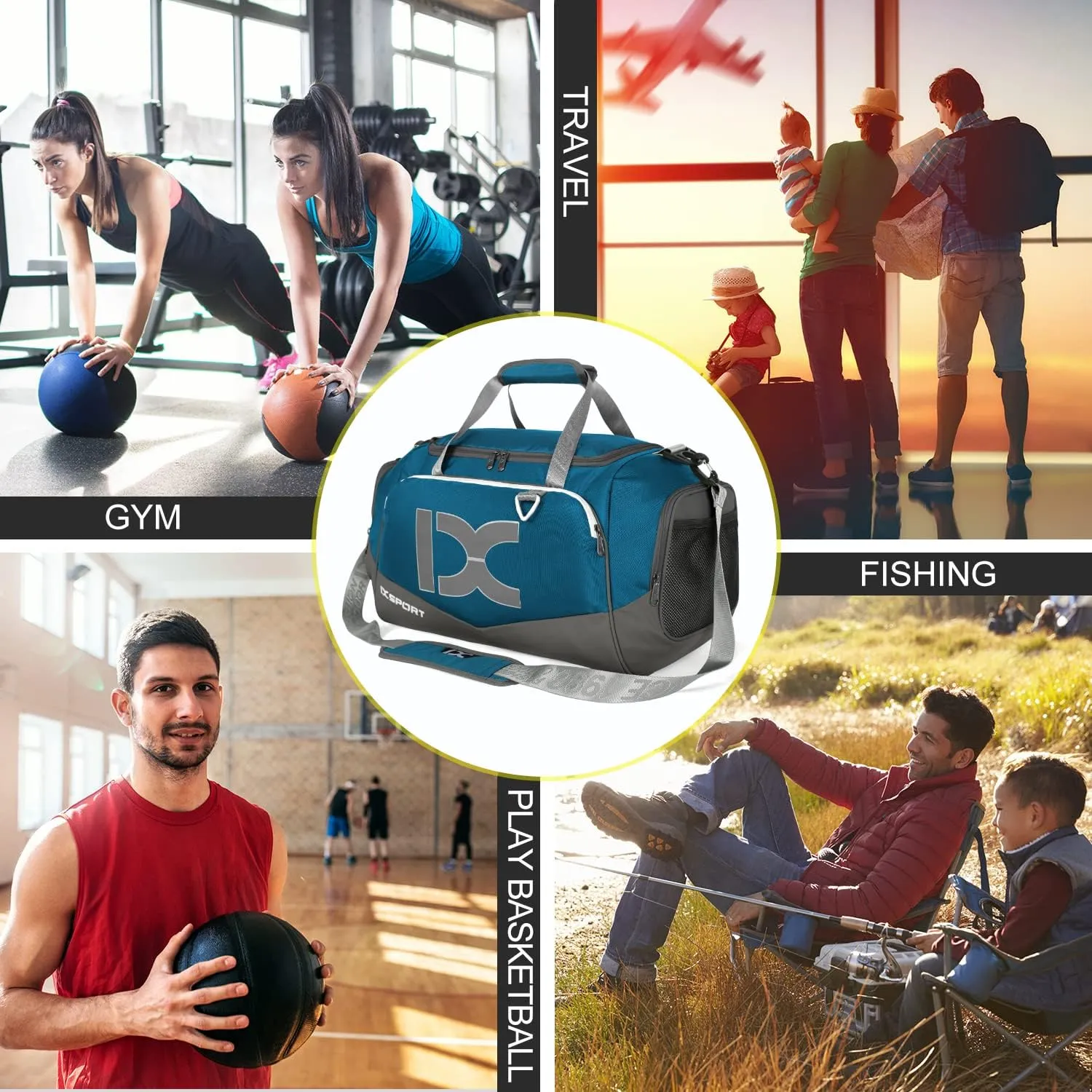Sports Gym BagINOXTO Travel Duffel Bag with Dry Wet Pocket And Shoe CompartmentFor Women and Men40L/55L Fitness Waterproof Weekender Bag For Swim Sports Travel Working Out (Blue gray, 40L)