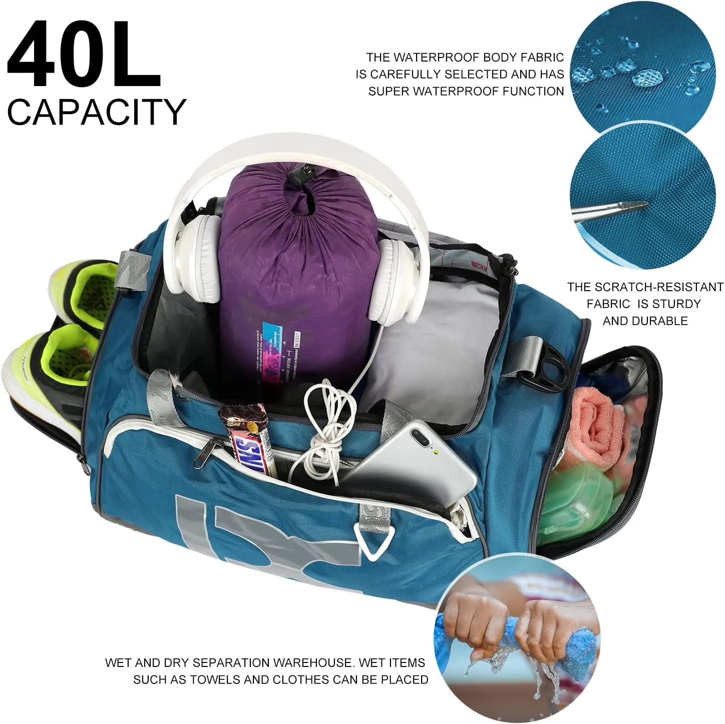 Sports Gym BagINOXTO Travel Duffel Bag with Dry Wet Pocket And Shoe CompartmentFor Women and Men40L/55L Fitness Waterproof Weekender Bag For Swim Sports Travel Working Out (Blue gray, 40L)
