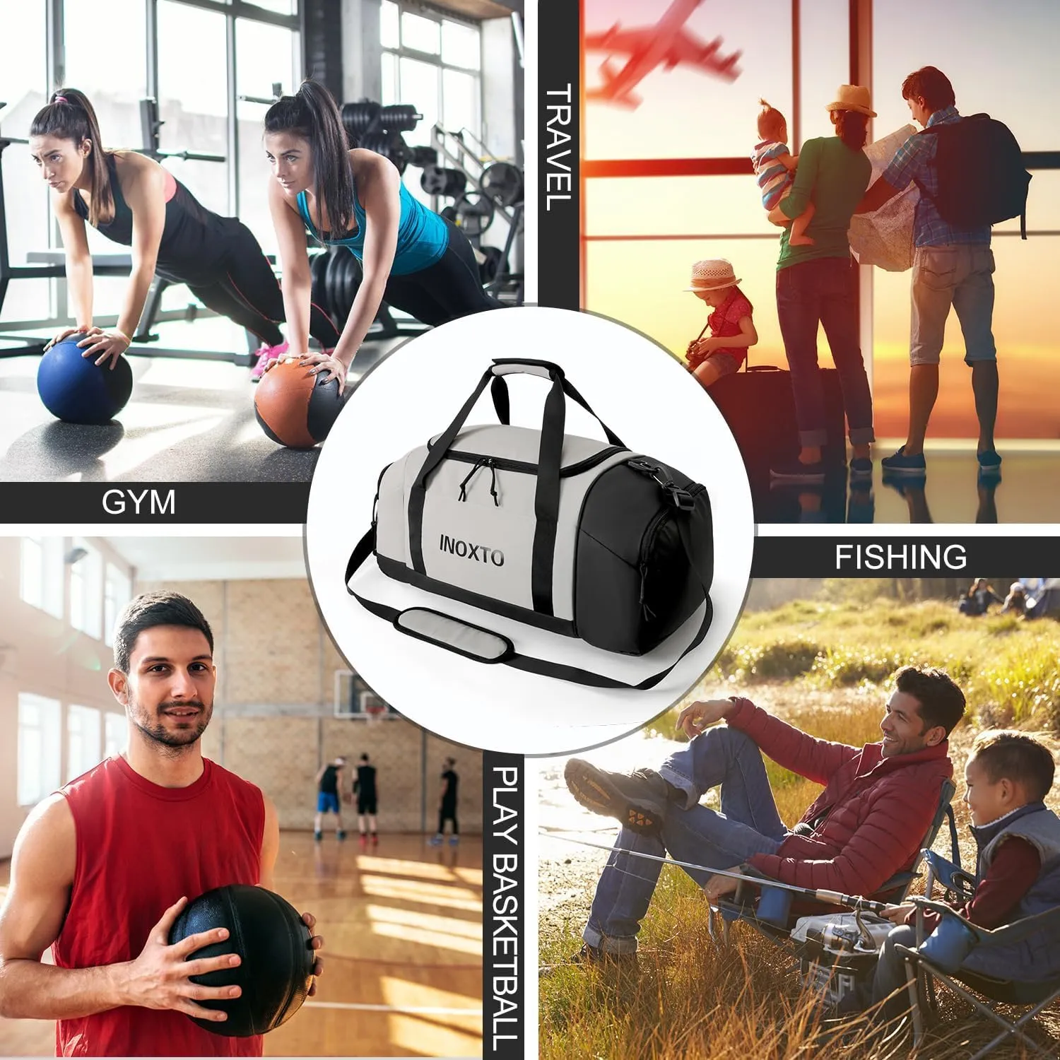 Sports Gym BagINOXTO Travel Duffel Bag with Dry Wet Pocket And Shoe CompartmentFor Women and Men40L/55L Fitness Waterproof Weekender Bag For Swim Sports Travel Working Out (Gray, 55L)