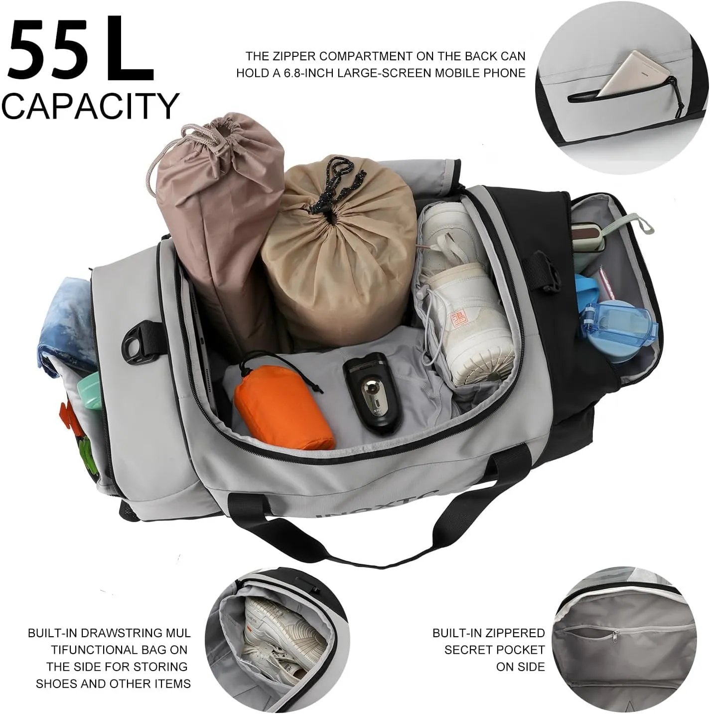 Sports Gym BagINOXTO Travel Duffel Bag with Dry Wet Pocket And Shoe CompartmentFor Women and Men40L/55L Fitness Waterproof Weekender Bag For Swim Sports Travel Working Out (Gray, 55L)