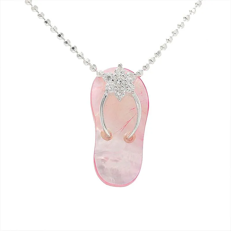 Sterling Silver CZ Plumeria Pink Shell Slipper Pendant (Chain Sold Separately)