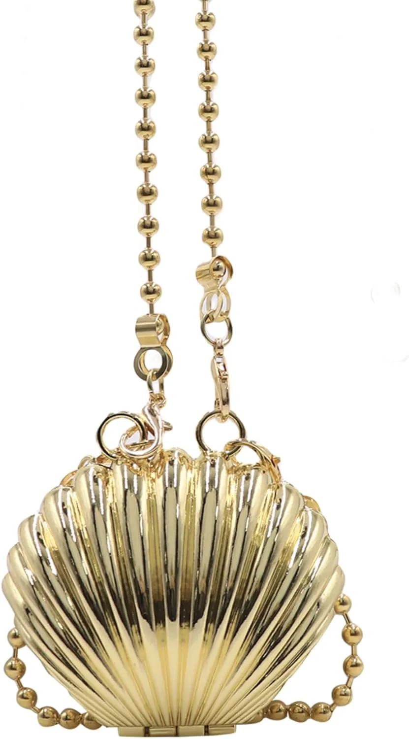 Suillty Women Girls Metal Shell Mini Lipstick Shoulder Bags Fashion Pearl Chain Crossbody Bag Purse Handbags