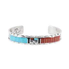 Sunface Inlay Bracelet with Coral, Onyx, Mother of Pearl, & Kingman Turquoise | Don Dewa