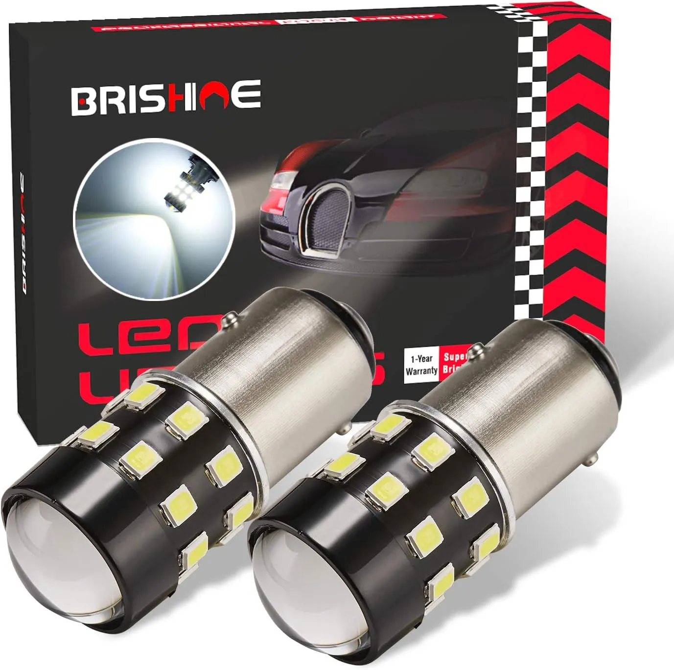 Super Bright 1157 2057 2357 7528 BAY15D LED Bulbs 6000K Xenon White 24-SMD LED Chipsets with Projector for Backup Reverse Lights, Brake Tail Parking Lights, Daytime running Lights(Pack of 2)