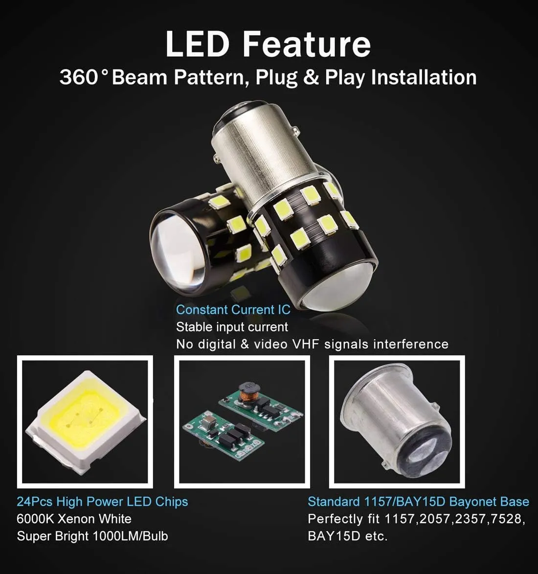 Super Bright 1157 2057 2357 7528 BAY15D LED Bulbs 6000K Xenon White 24-SMD LED Chipsets with Projector for Backup Reverse Lights, Brake Tail Parking Lights, Daytime running Lights(Pack of 2)