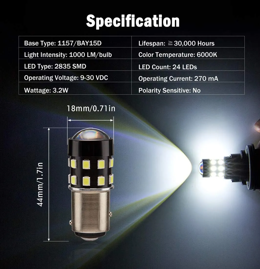 Super Bright 1157 2057 2357 7528 BAY15D LED Bulbs 6000K Xenon White 24-SMD LED Chipsets with Projector for Backup Reverse Lights, Brake Tail Parking Lights, Daytime running Lights(Pack of 2)