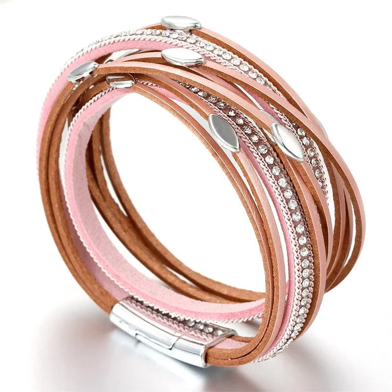 'Tahnee' Charms & Crystals Wrap Bracelet - pink