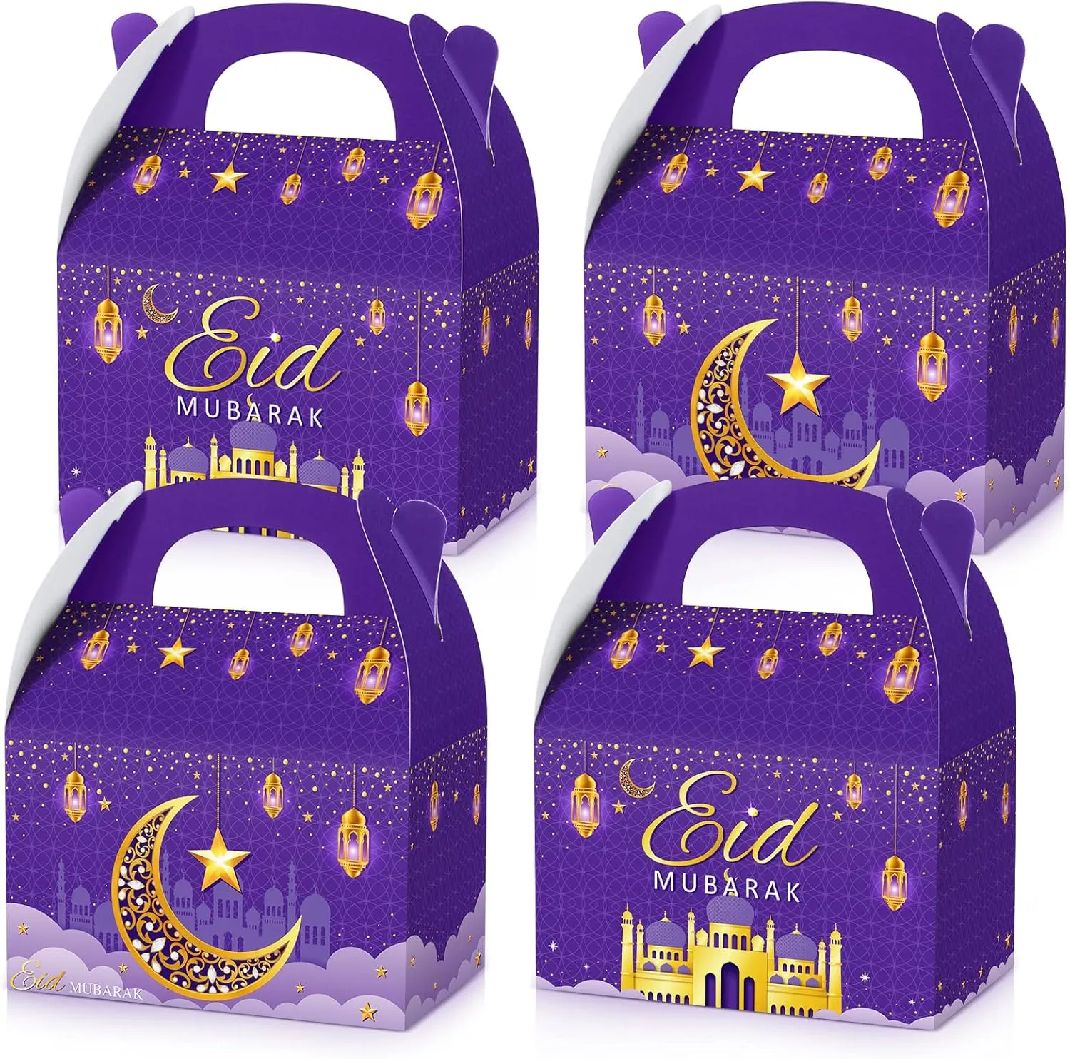 TaoBary 24 Pack Ramadan Treat Boxes Eid Mubarak Gift Boxes Mosque Star Moon Lantern Party Favor with Handle Bulk Ramadan Goodie Candy Bag for Eid Al Fitr Packages Supplies(Purple)