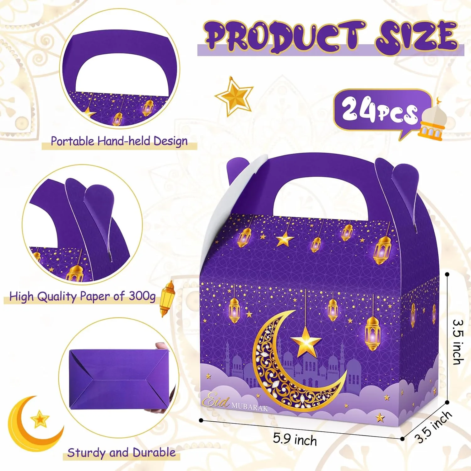 TaoBary 24 Pack Ramadan Treat Boxes Eid Mubarak Gift Boxes Mosque Star Moon Lantern Party Favor with Handle Bulk Ramadan Goodie Candy Bag for Eid Al Fitr Packages Supplies(Purple)