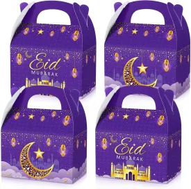 TaoBary 24 Pack Ramadan Treat Boxes Eid Mubarak Gift Boxes Mosque Star Moon Lantern Party Favor with Handle Bulk Ramadan Goodie Candy Bag for Eid Al Fitr Packages Supplies(Purple)