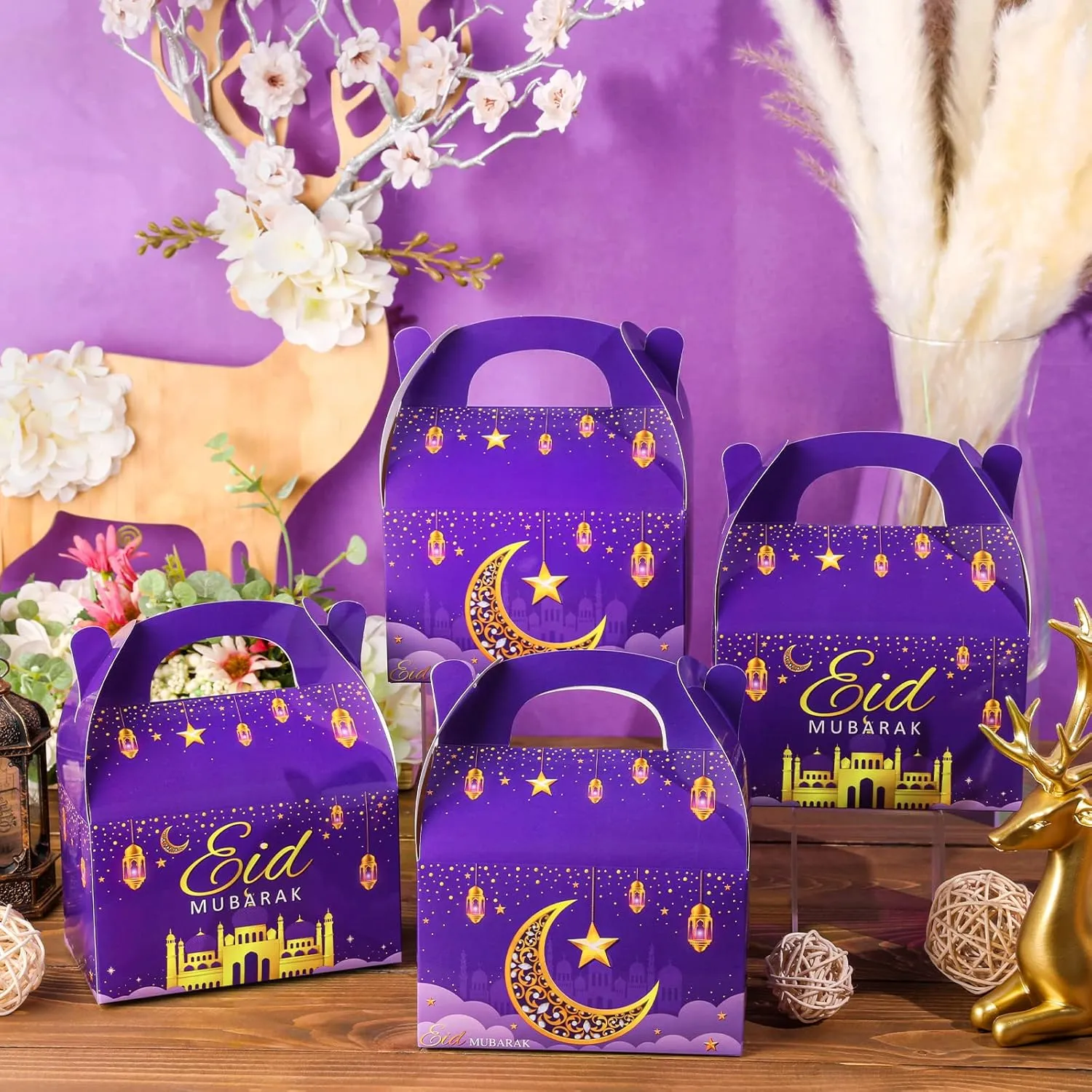 TaoBary 24 Pack Ramadan Treat Boxes Eid Mubarak Gift Boxes Mosque Star Moon Lantern Party Favor with Handle Bulk Ramadan Goodie Candy Bag for Eid Al Fitr Packages Supplies(Purple)