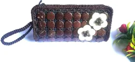 Tippan Top Coconut Shell Beaded Clutch for Women | Wristlet Strap Pouch | Handmade Wallet | Natural Style Purse | Size: 7.5 x 2 x 3.5 inches