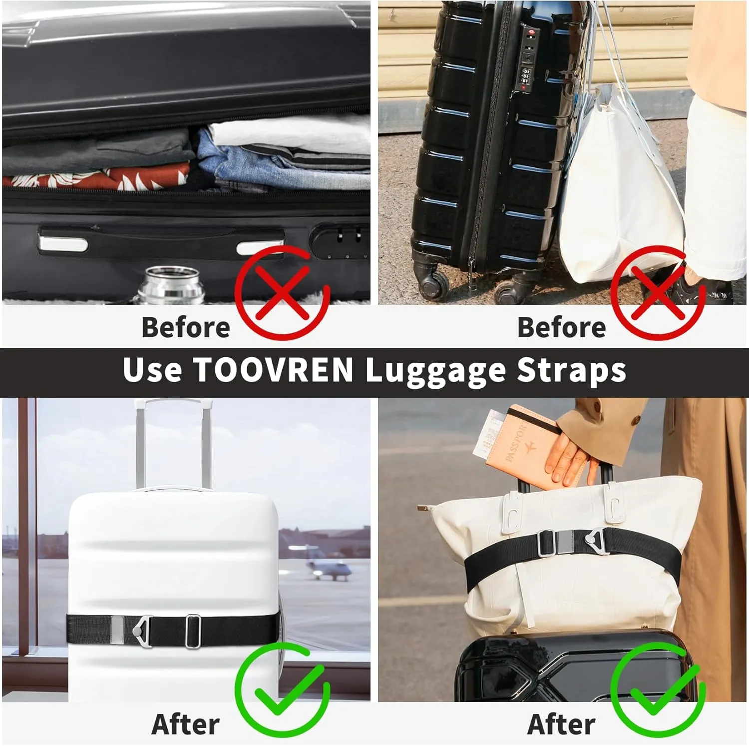 TOOVREN 2-in-1 Travel Belt for Luggage Straps Add a Bag Bungees Luggage Strap Over Handle Suitcases Belt for Carry On Bag Elastic Belt Adjustable Suitcase Strap Airport Travel Accessories Black
