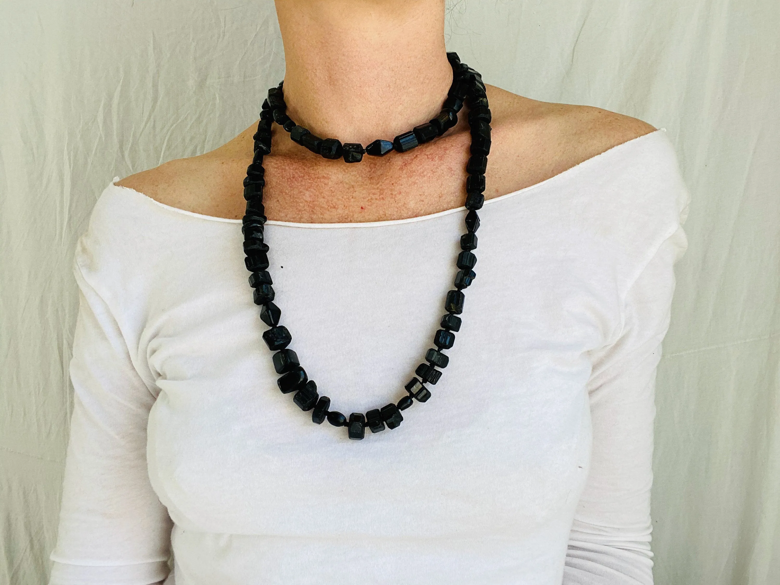 Tourmaline Long Beaded Necklace. Black