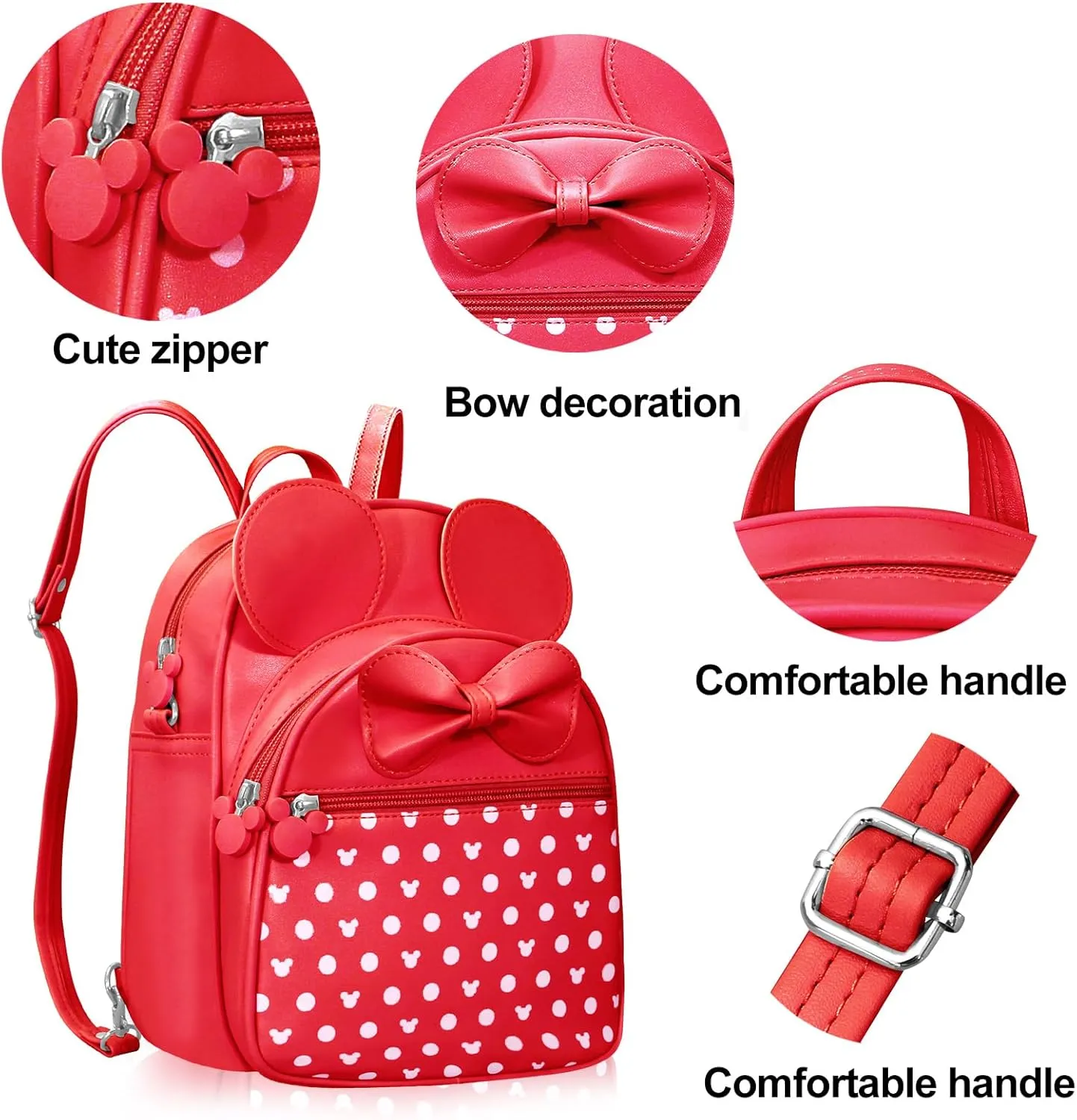 Voikukka Cute Kids Backpack for Little Girls - Mini Mouse Purse, Small Toddler Bag, Leather Travel Daypack, Polka Dot Baby Children Backpack Gift
