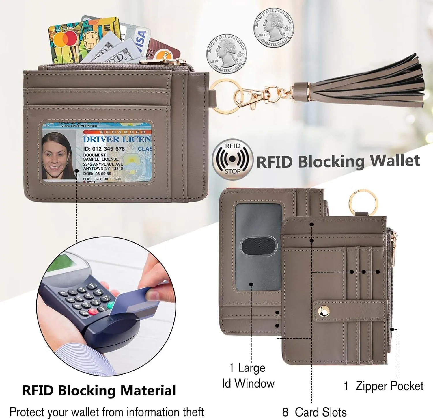 Wallet Keychain Wristlet for Women,Slim RFID Credit Card Holder Purse Tassel Keychain Bangle Key Ring for Men Women