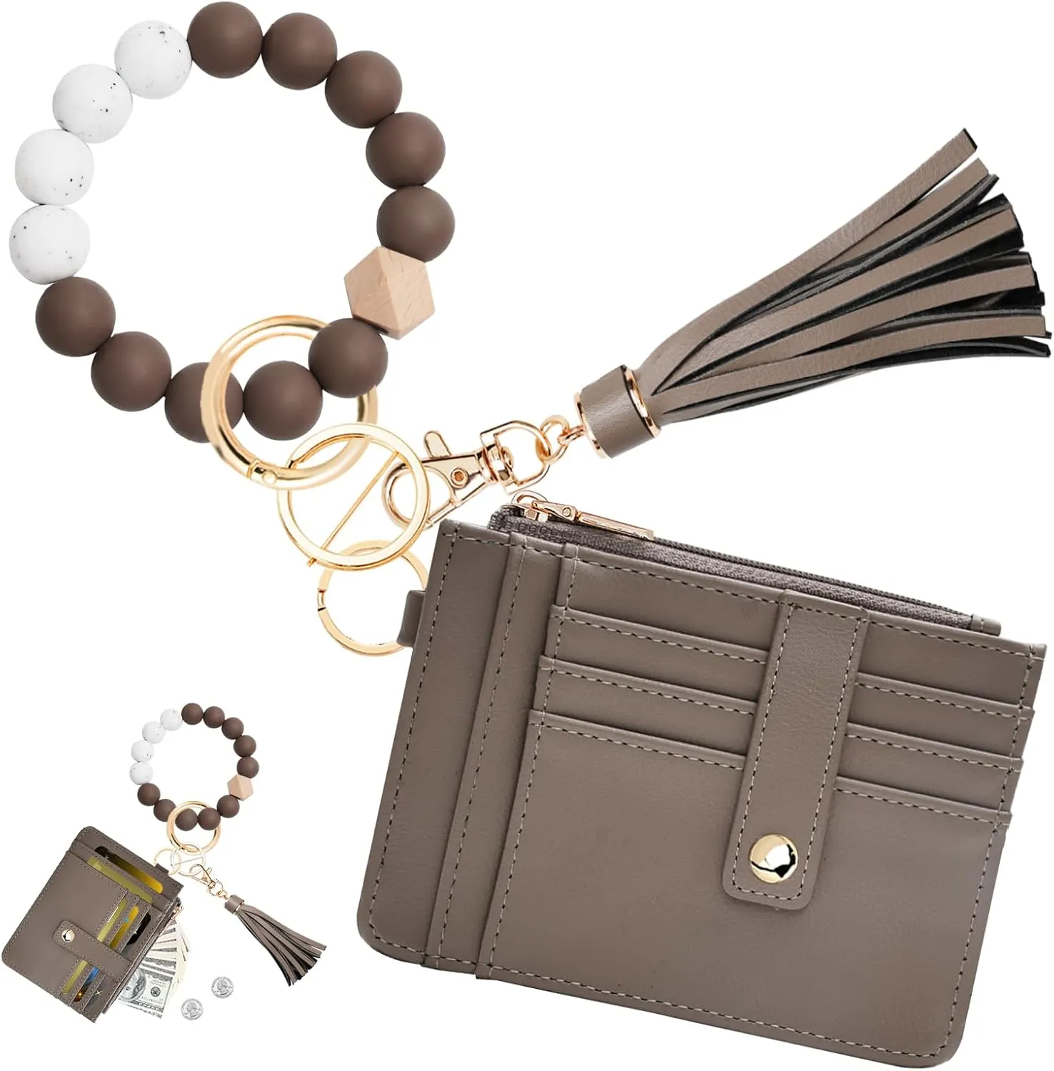 Wallet Keychain Wristlet for Women,Slim RFID Credit Card Holder Purse Tassel Keychain Bangle Key Ring for Men Women