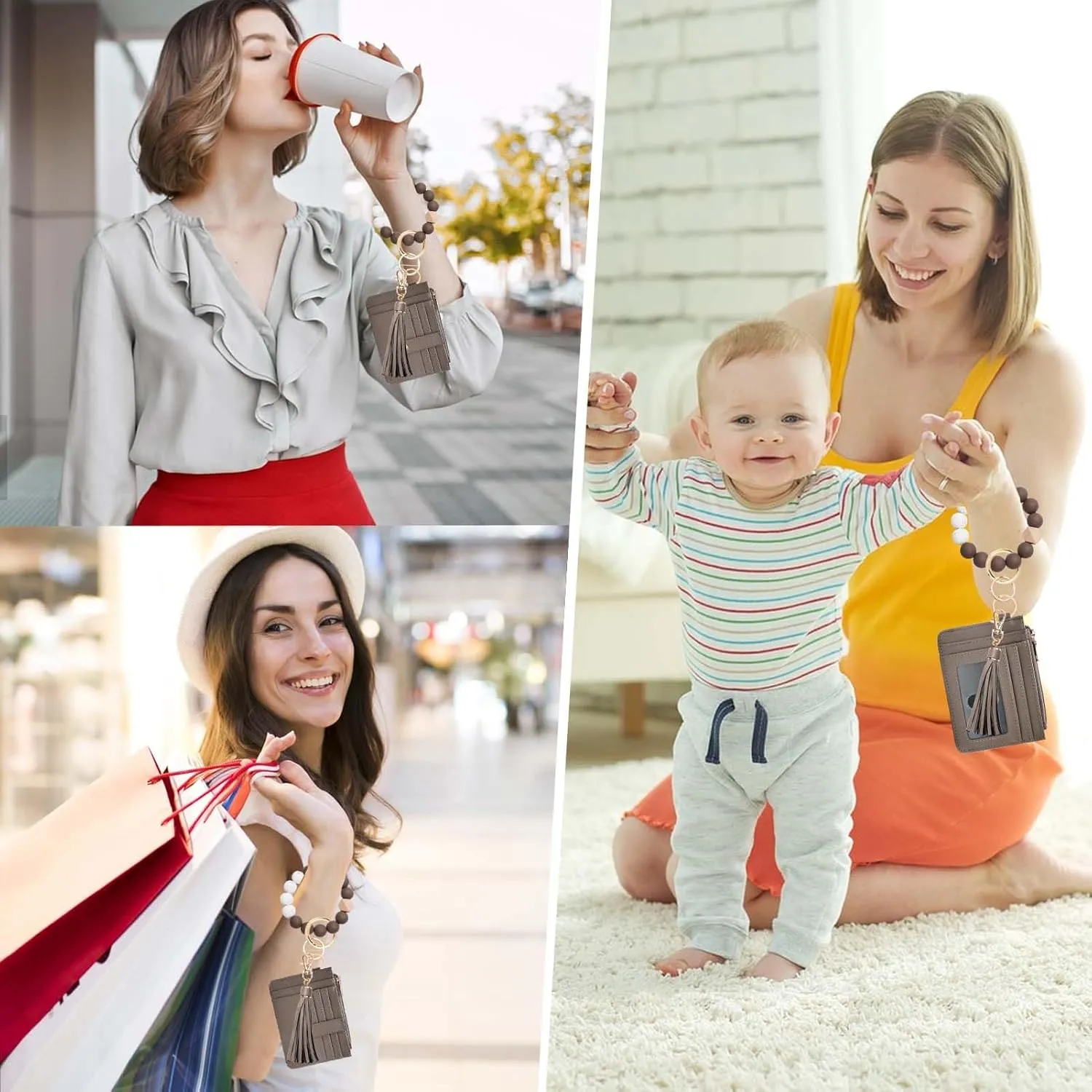 Wallet Keychain Wristlet for Women,Slim RFID Credit Card Holder Purse Tassel Keychain Bangle Key Ring for Men Women