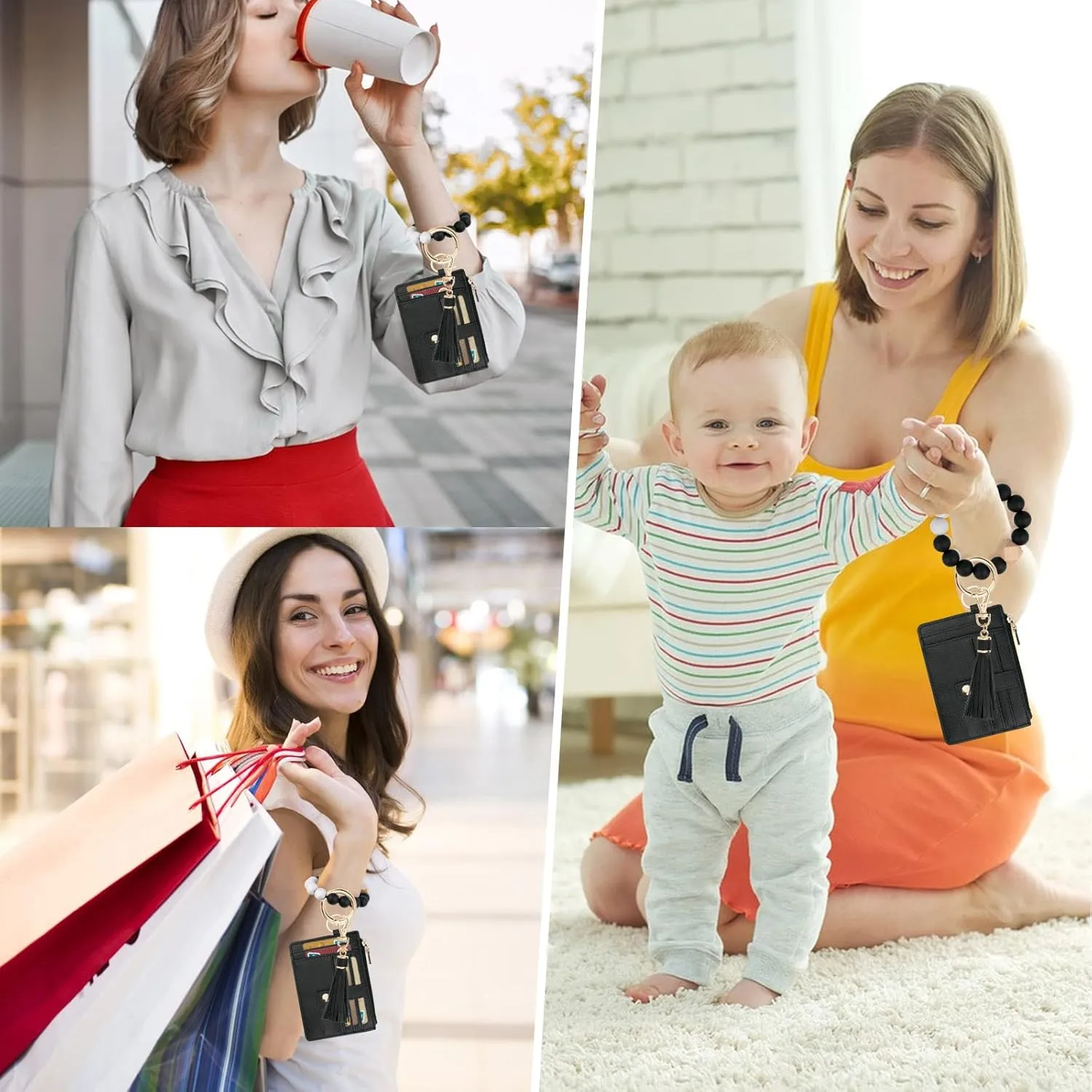 Wallet Keychain Wristlet for Women,Slim RFID Credit Card Holder Purse Tassel Keychain Bangle Key Ring for Men Women