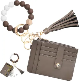 Wallet Keychain Wristlet for Women,Slim RFID Credit Card Holder Purse Tassel Keychain Bangle Key Ring for Men Women