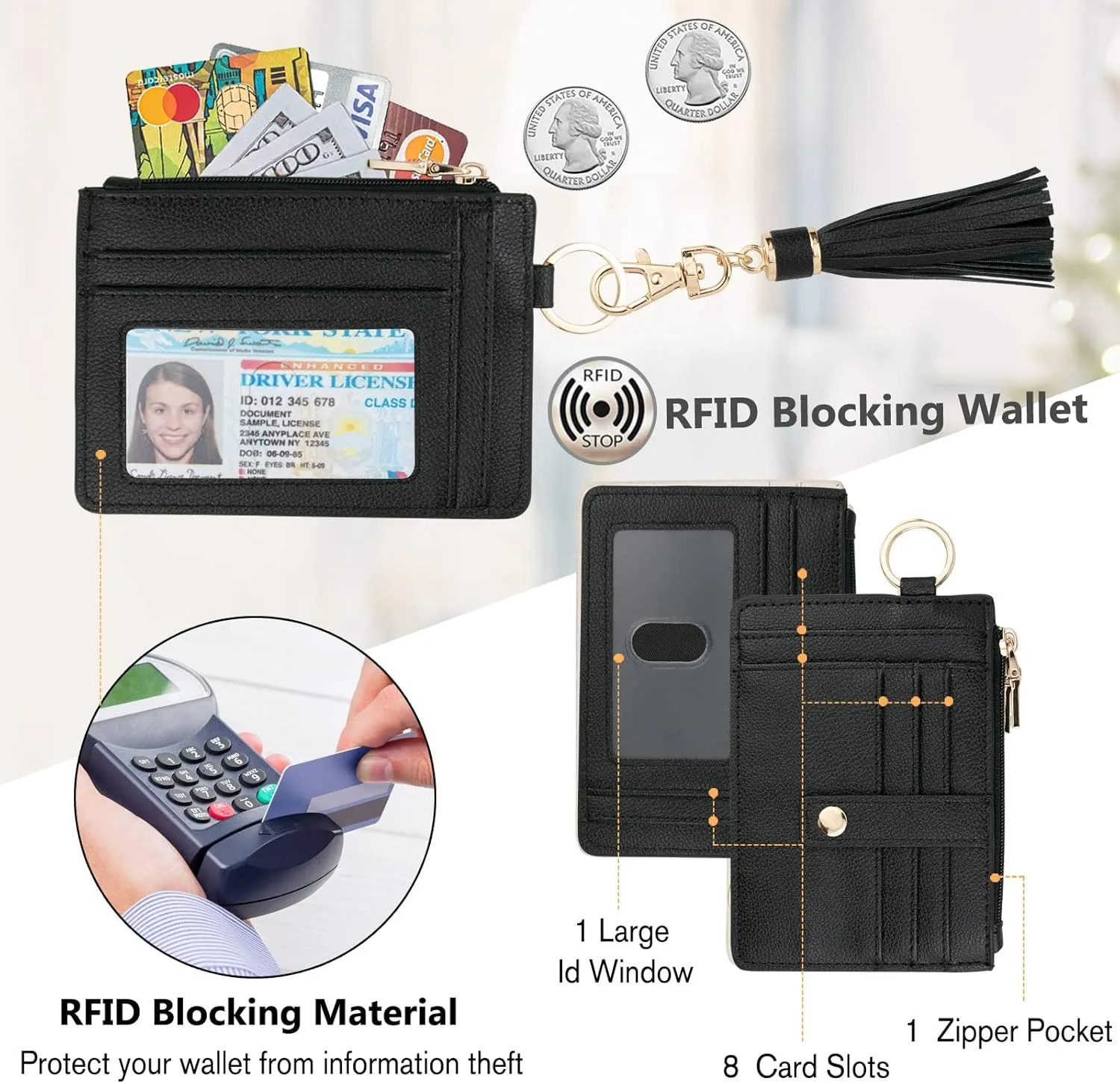Wallet Keychain Wristlet for Women,Slim RFID Credit Card Holder Purse Tassel Keychain Bangle Key Ring for Men Women