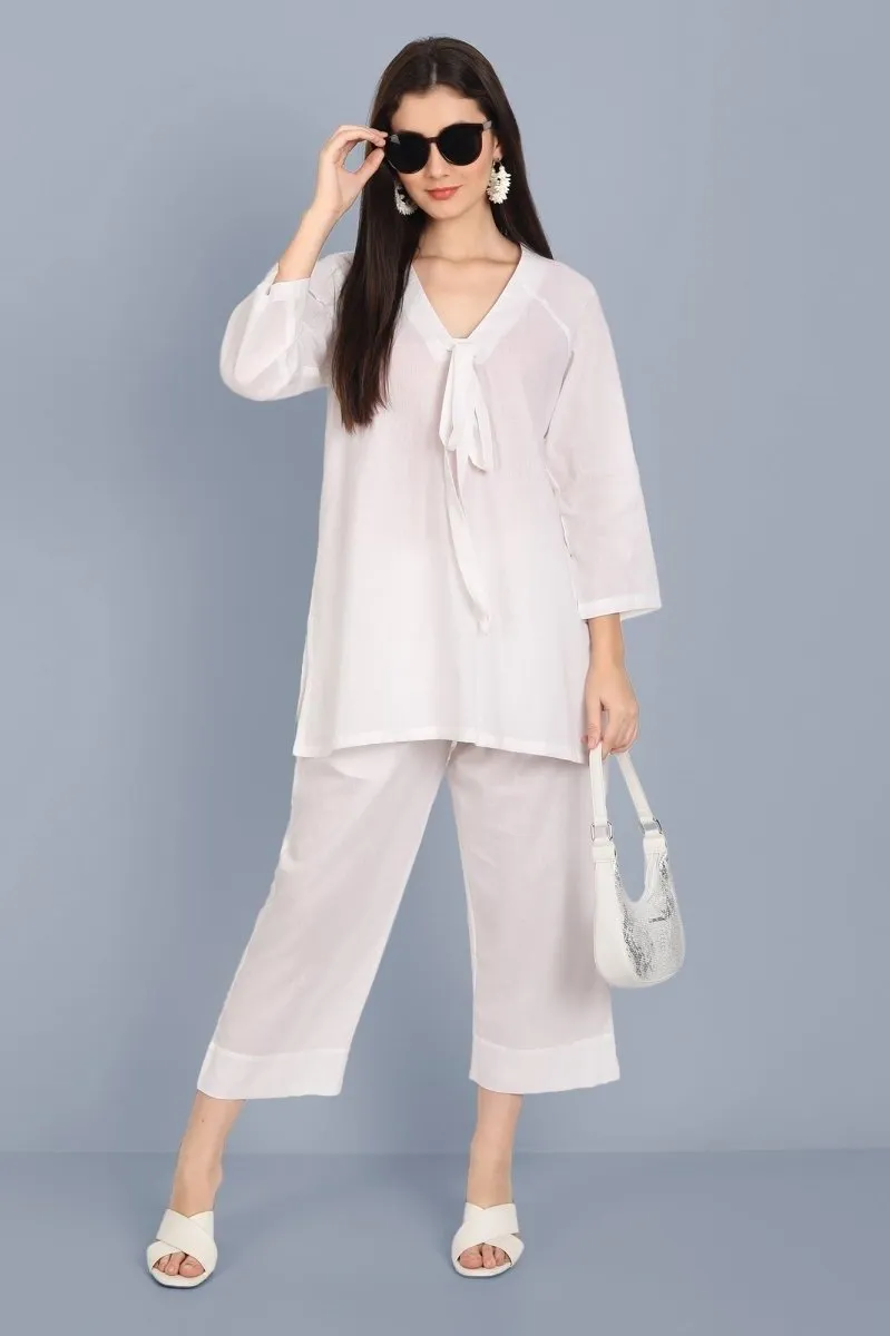 White Cotton Front Knot Top