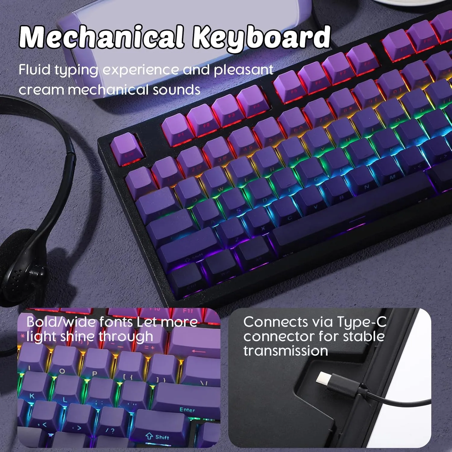 Wired Gaming Keyboard 97 Keys Mechanical Keyboard, Hot Swappable Keyboard, RGB Backlit, Side Printed Gradient Color PBT Keycaps, for PC Gamer, Typist(Gradient Purple)