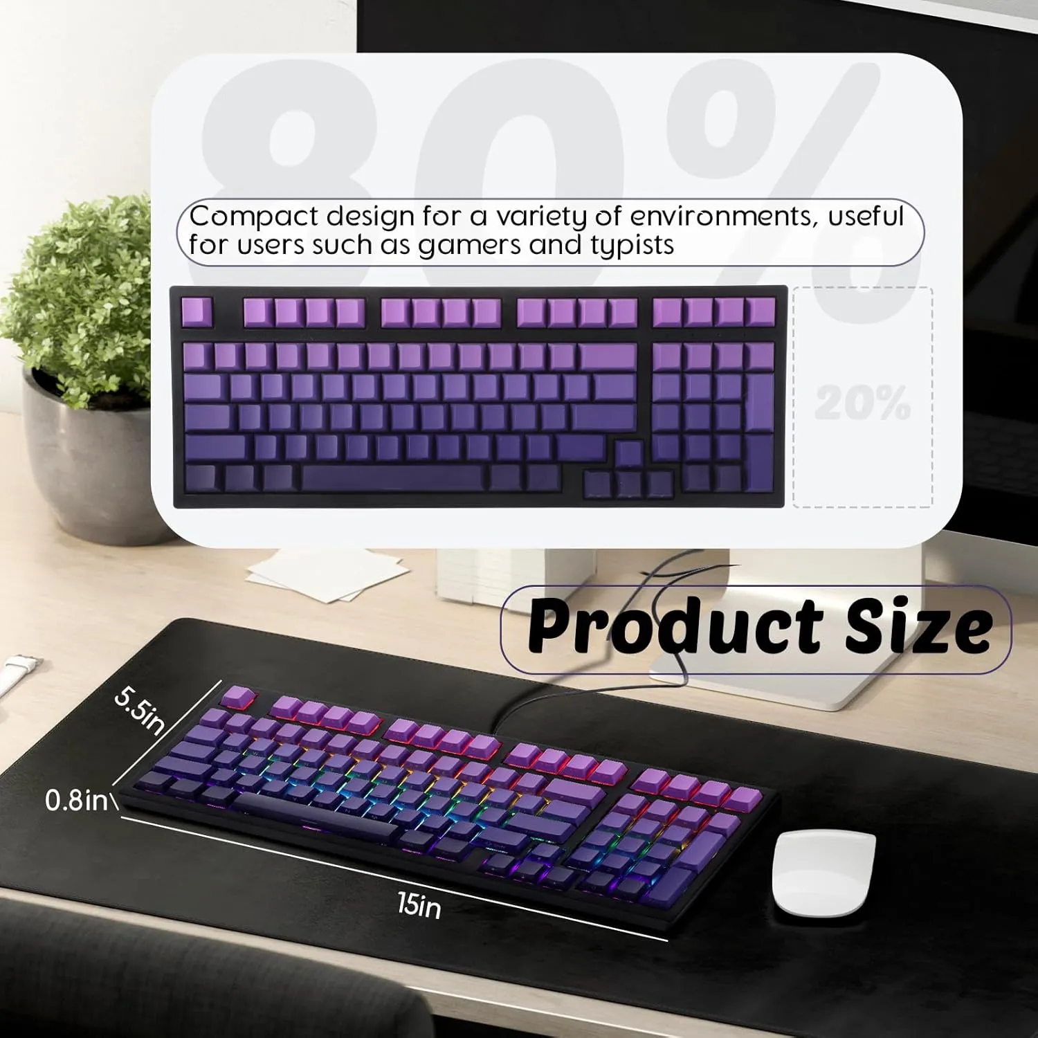 Wired Gaming Keyboard 97 Keys Mechanical Keyboard, Hot Swappable Keyboard, RGB Backlit, Side Printed Gradient Color PBT Keycaps, for PC Gamer, Typist(Gradient Purple)