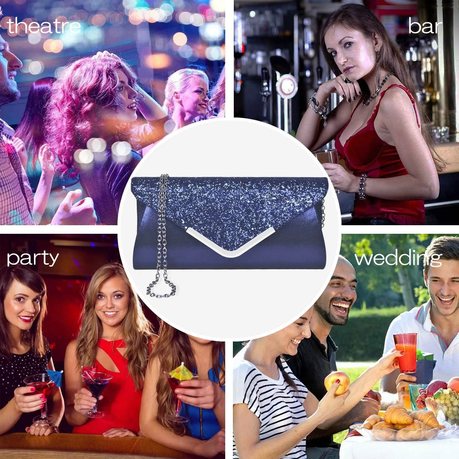 Women Evening Envelope Handbag Prom Sequin Clutch Purse Shoulder Cross Body Bag