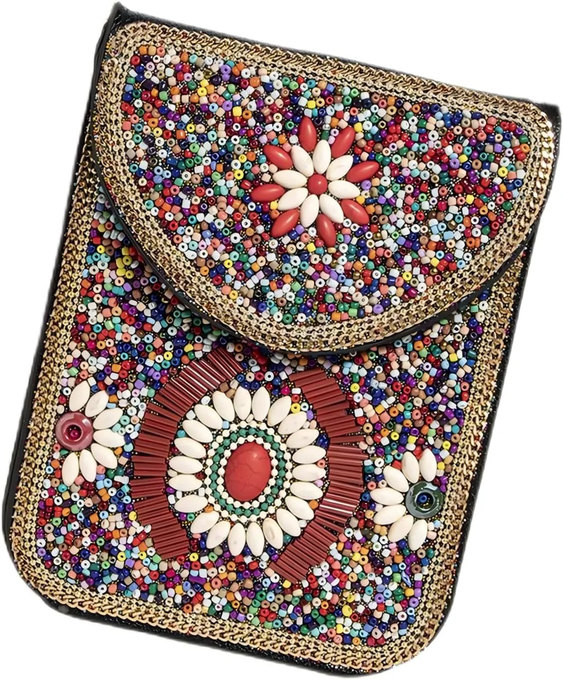 Women's Mobile Phone Bag, Cellphone Pouch, Retro Beads Shoulder Bag, Handcrafted Embellished Clutch Purse, Beaded Design