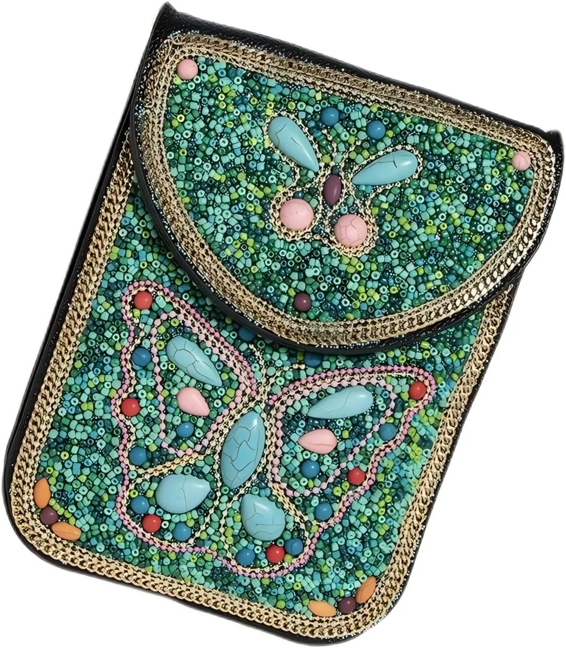 Women's Mobile Phone Bag, Cellphone Pouch, Retro Beads Shoulder Bag, Handcrafted Embellished Clutch Purse, Beaded Design