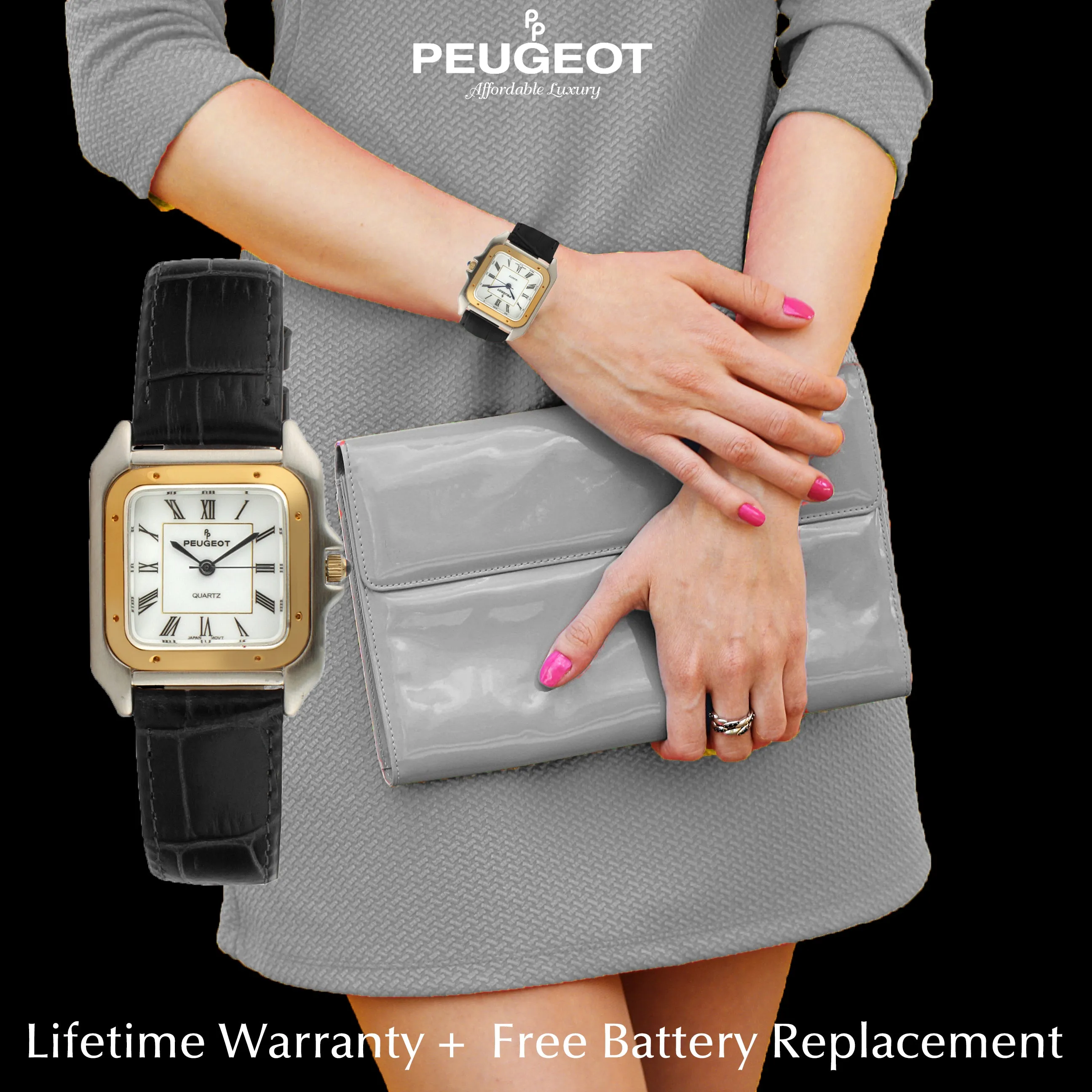 Women's Watch 36mm Square Tank Shape Black Leather Strap Watch
