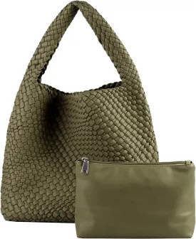 Woven Handbag Straw Purse for Women, Vegan Leather Shoulder Bag Top Handle Tote