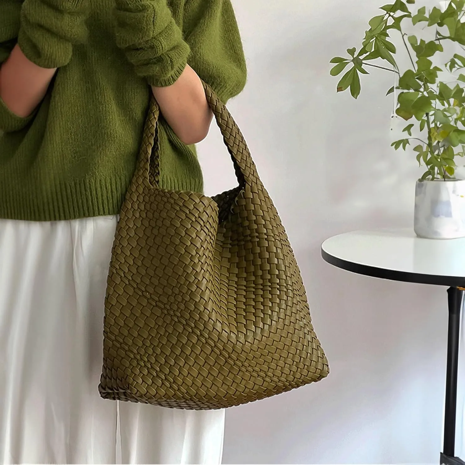 Woven Handbag Straw Purse for Women, Vegan Leather Shoulder Bag Top Handle Tote