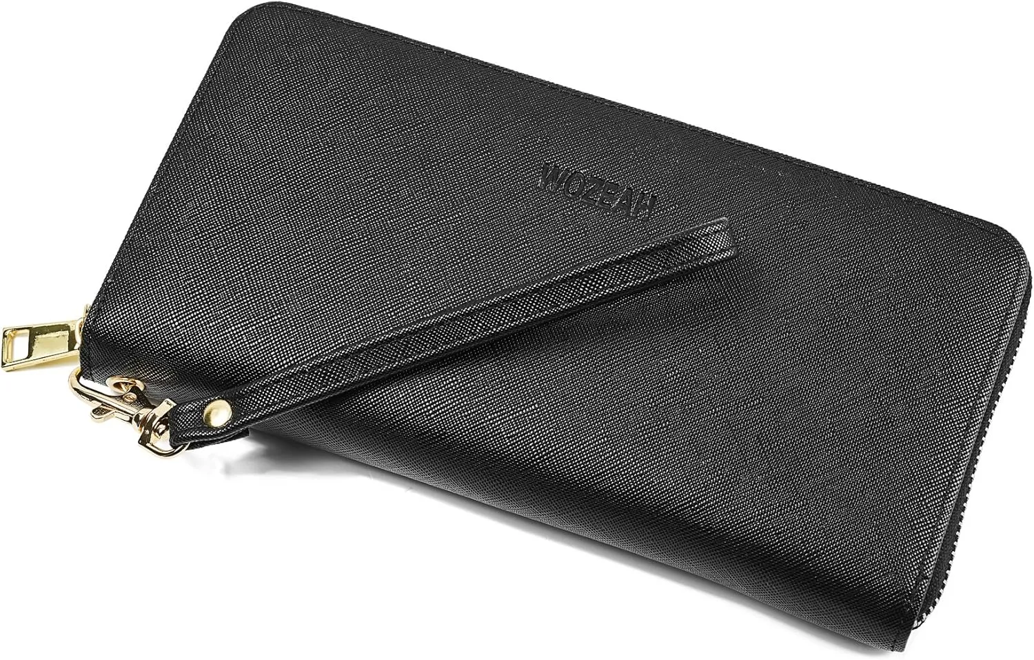 WOZEAH Women's RFID Blocking PU Leather Zip Around Wallet Clutch Large Travel Purse (black)