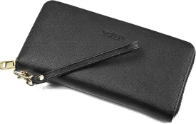 WOZEAH Women's RFID Blocking PU Leather Zip Around Wallet Clutch Large Travel Purse (black)